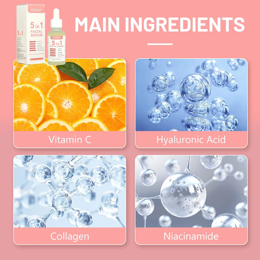 5 in 1 Vitamin C Skin Whitening Serum  Vitamina C With Hyaluronic acid Wrinkle remover Private Label Face Serum