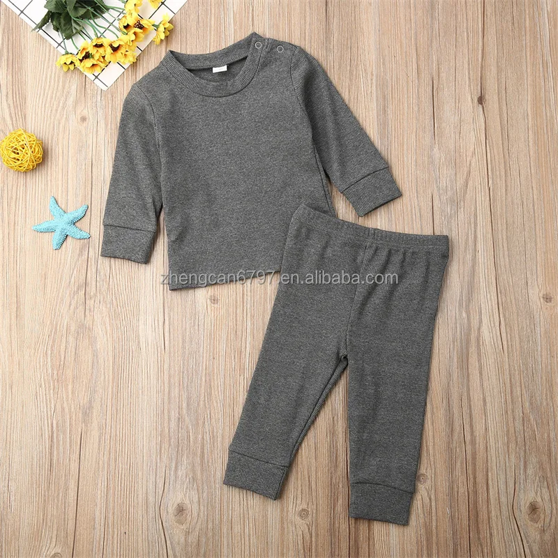 Cotton Pajama Baby Solid Knit Ribbed Two Piece Set Long Sleeves Top Pants Kids Suit For Boys
