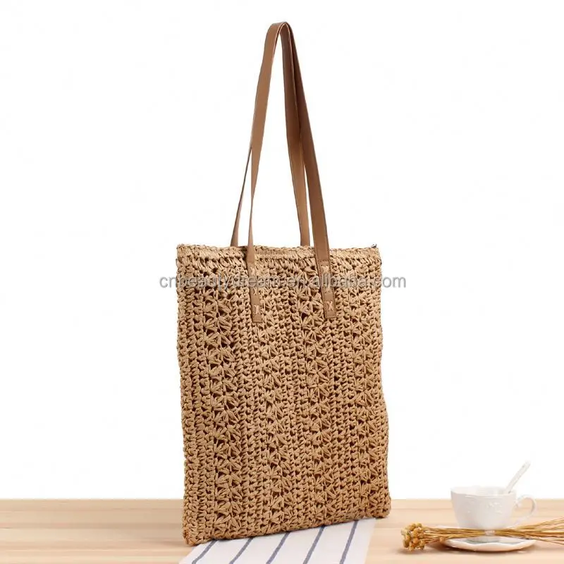 Wholesale Brand New Handmade Crocheted Raffia Large Tote Summer Beach Bag Zipper Casual Vintage Fashion Paper Straw Handbags