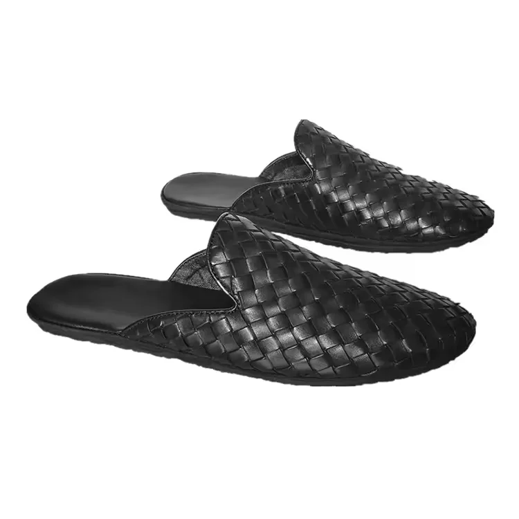Handmade Mens Flat Leather Woven Chittai Mat Mules Shoes Weave Round Roe Fashion Slippers for Men Moccasin Shoes