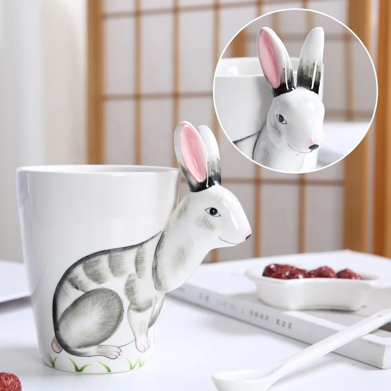 Baby use child use lovely 3d animal cat design ceramic coffee water mug cup with animal handle made in china