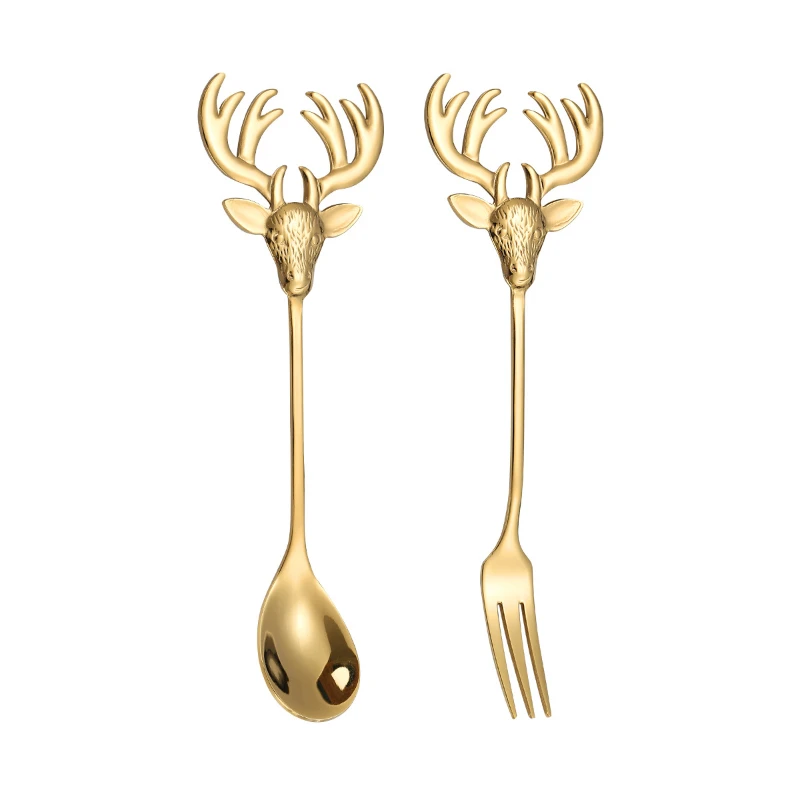 304 Stainless Steel Cute Elk Shape Coffee Scoop Short Handle Dessert Spoon Fork