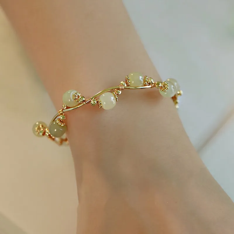 Ancient Green Agate Beads Charm Bracelet Chinese Jade Green Bamboo Pendant Women Woven Hand Jewelry Gold Gifts