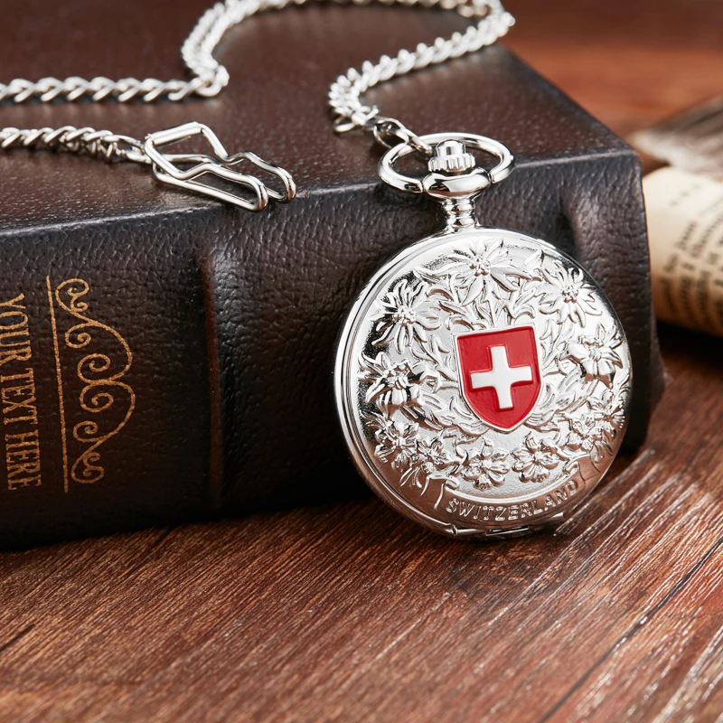 Unique Fashion Switzerland Red Cross Mechanical Pocket Watch With FOB Chain Silver Edelweiss Sculpture Hollow Skeleton Clock Men