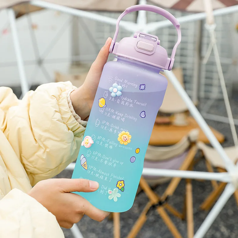 Двойная пластиковая летняя бутылка для воды со шкалой, Большая вместительная чашка, Высококачественная Спортивная бутылка для занятий спортом на открытом воздухе