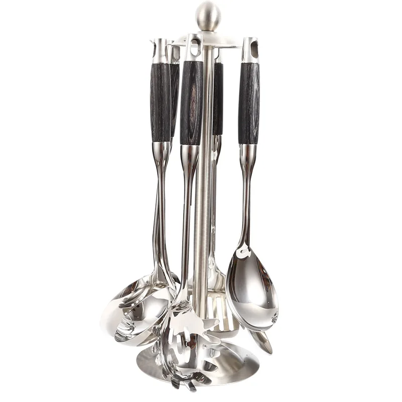 High Quality Luxury Black Gold Matt Utensils Kitchen Set Cooking Utensil For Cooking With Rotating Holder