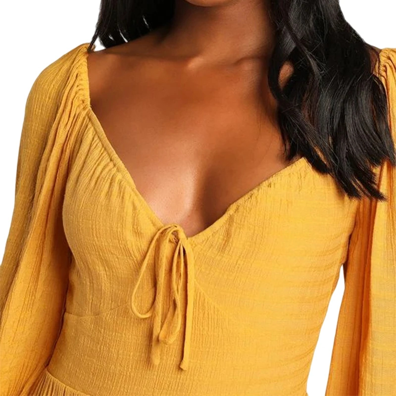 Tender Memories Yellow Tiered Ruffled Balloon Sleeve Mini dresses forwomen dress for ladies long sleeve dress