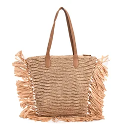 fashion new french womens summer beach handmade travel straw raffia tassel tote bag pouch bag with straw