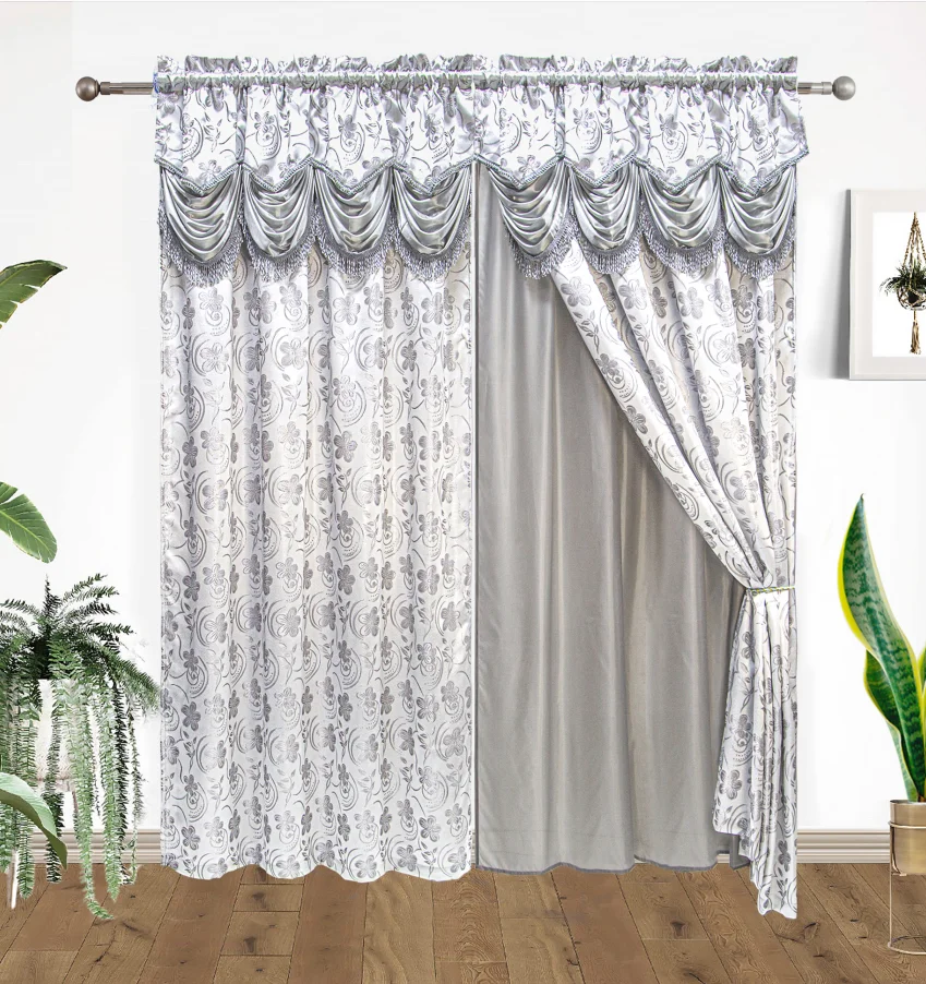 Ready to ship European luxury jacquard curtains ready made valance windows curtain set for the living room