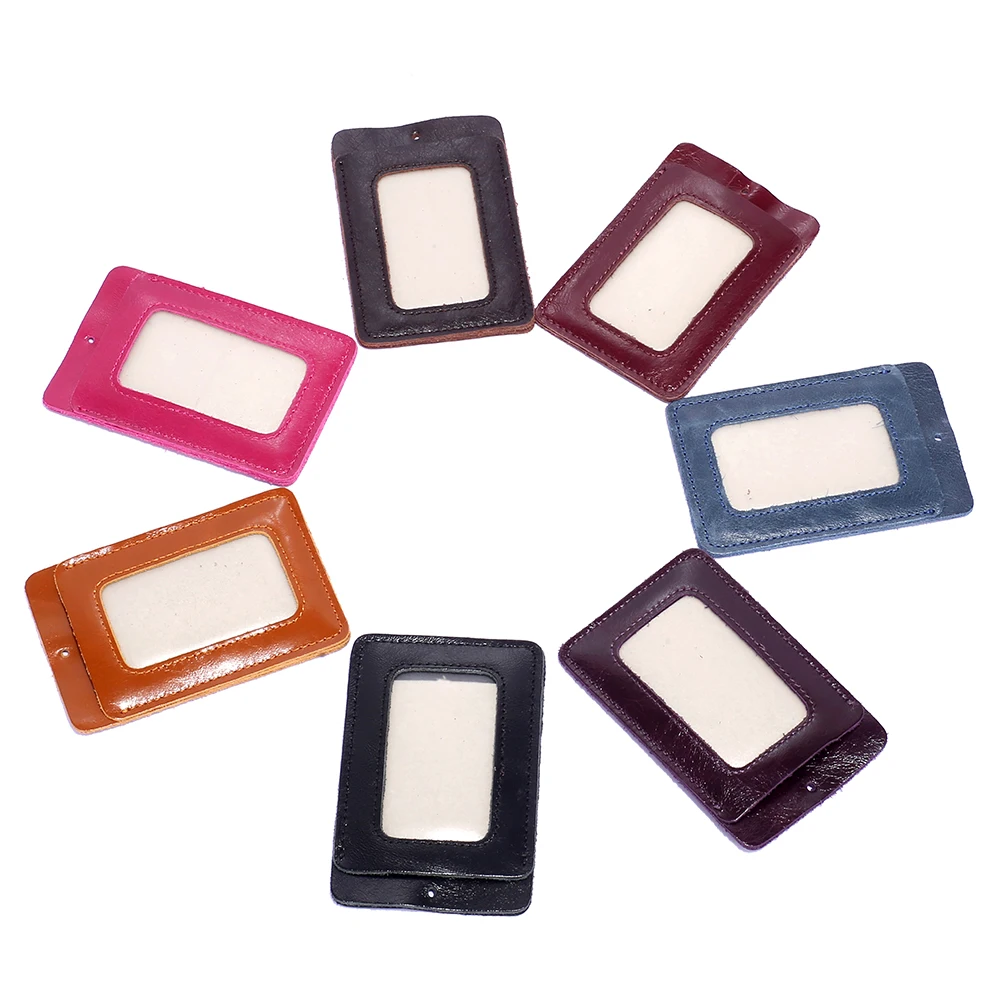 Fancy Colorful Wax Oil Leather Slim ID Window Working Card Holder With Lanyard