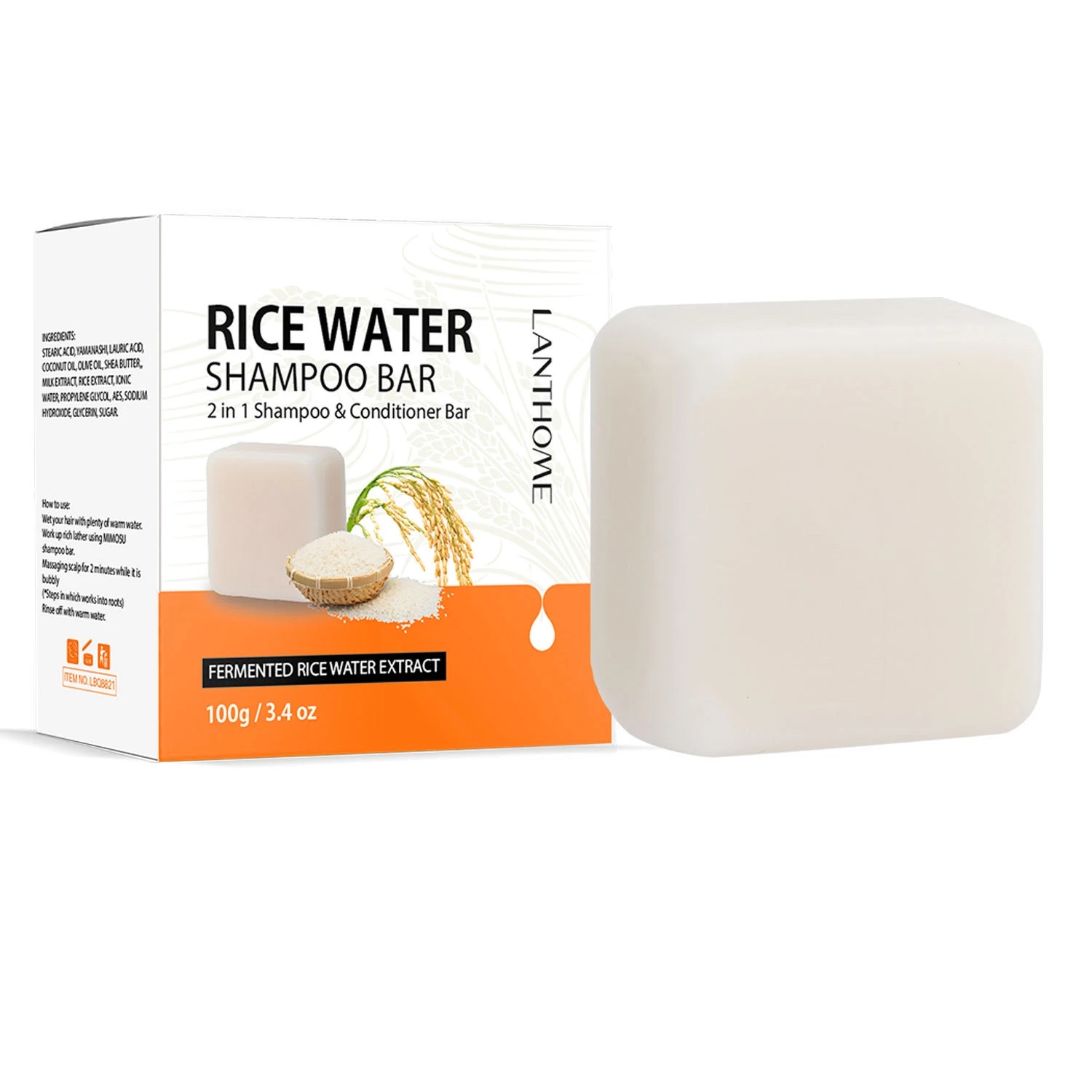 LANTHOME Rice Water Shampoo Bar Fermented Rice Extract 2 In 1 Shampoo And Conditioner Bar Nourish Anti-loss Soap