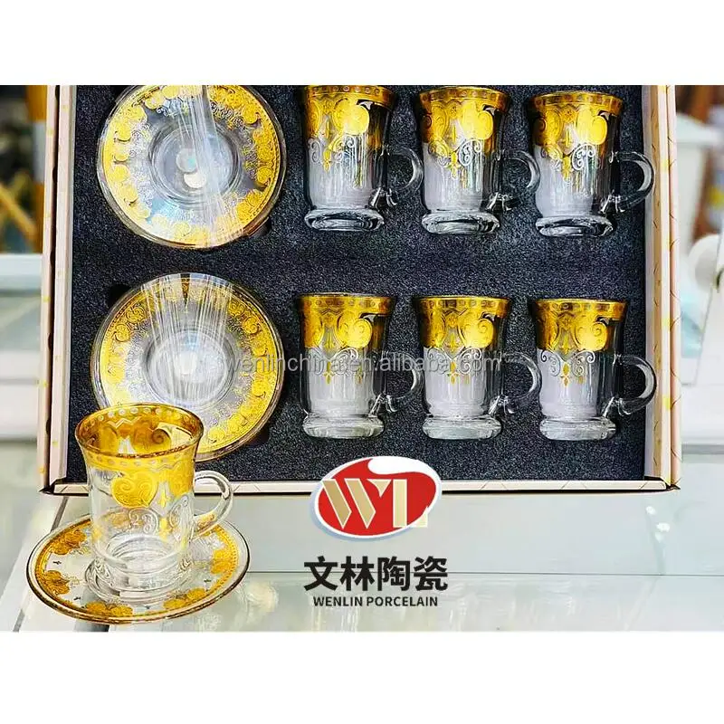 12pcs Super light 6 Glass Tea Cup and 6 glass tea saucer Coffee Set High Quality Arabic Ramadan Porcelain support customization