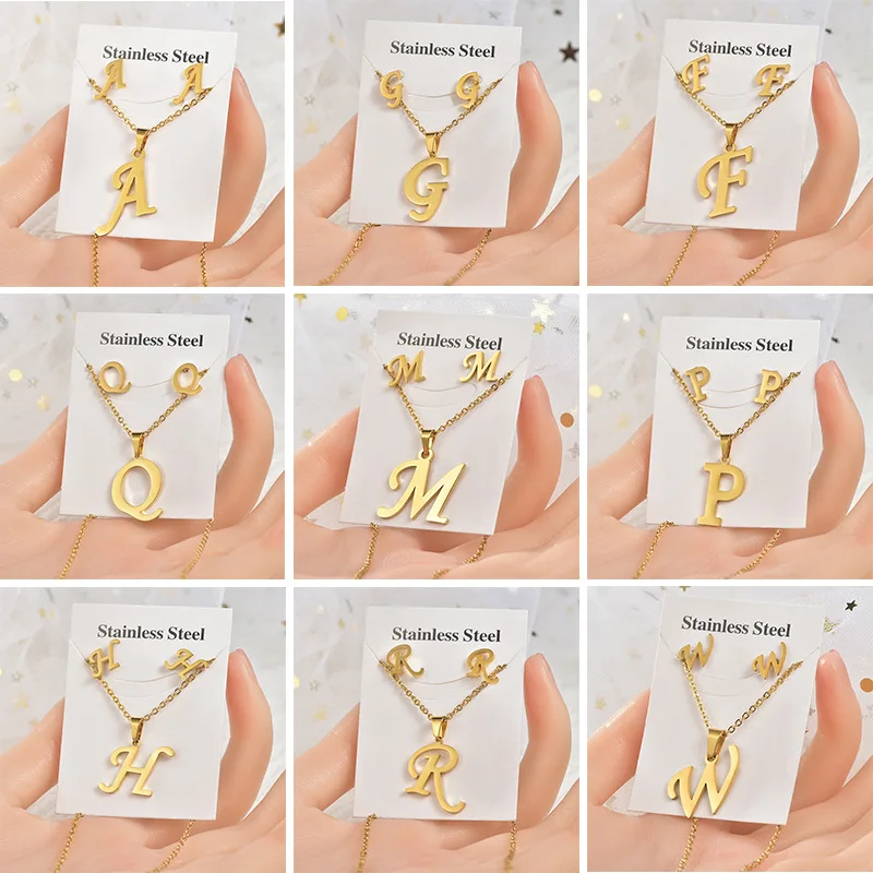 Indian African Dubai Gold Plated Stainless Steel Letter Kolye Earring Jewelry Set