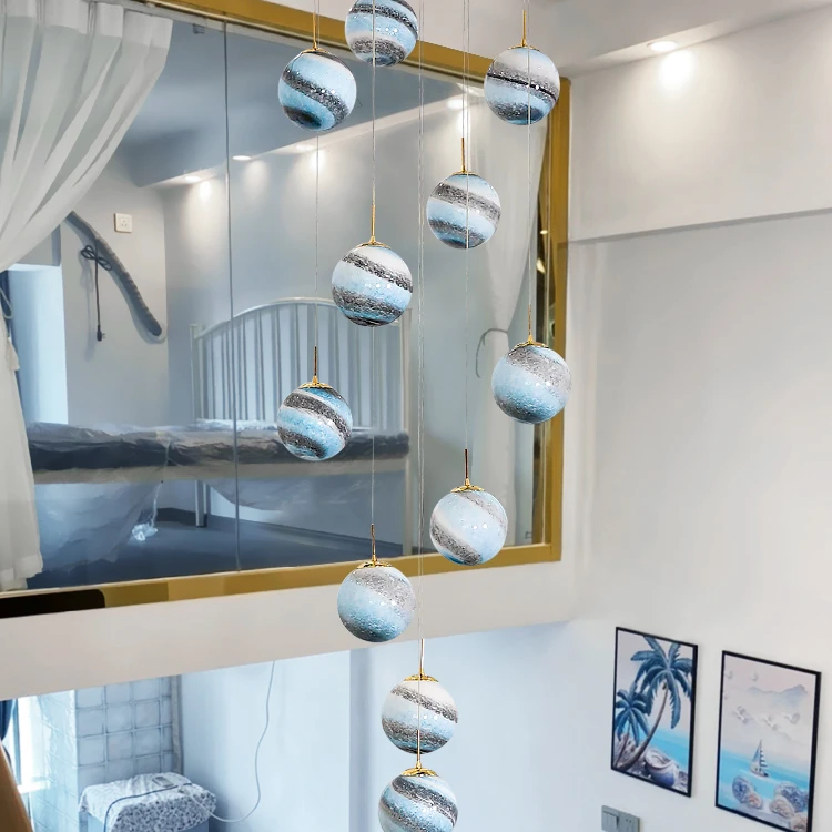 2023 Nordic Luxury Space Planet Pendant Light Bubble Globe Long Hanging Lamp Staircase Lamp Chandeliers for Living Room