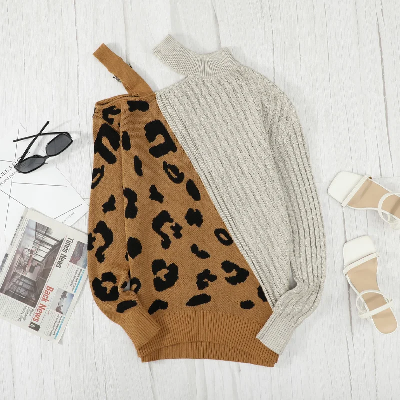 Hot Sale Fall 2022 Women Clothes Long Sleeve Asymmetrical Leopard Crochet Design Ugly Sweater Women