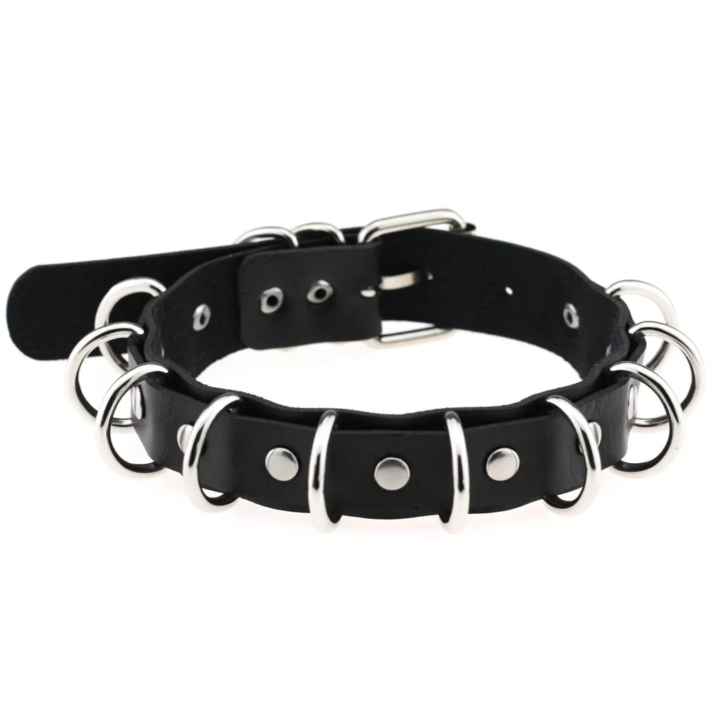 First Design Punk Goth Rivet Rings PU Leather Collar Choker Necklace-- Harajuku Soft Choker