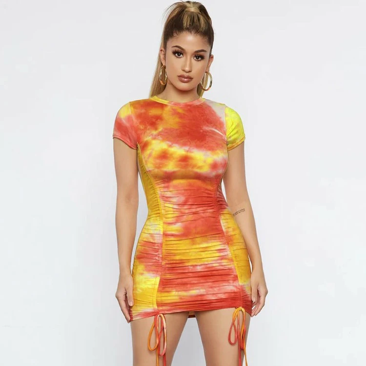 Wholesale 2022 spring and summer fashion street women slim short-sleeved skirt hot selling tie-dye draw string cheap dress