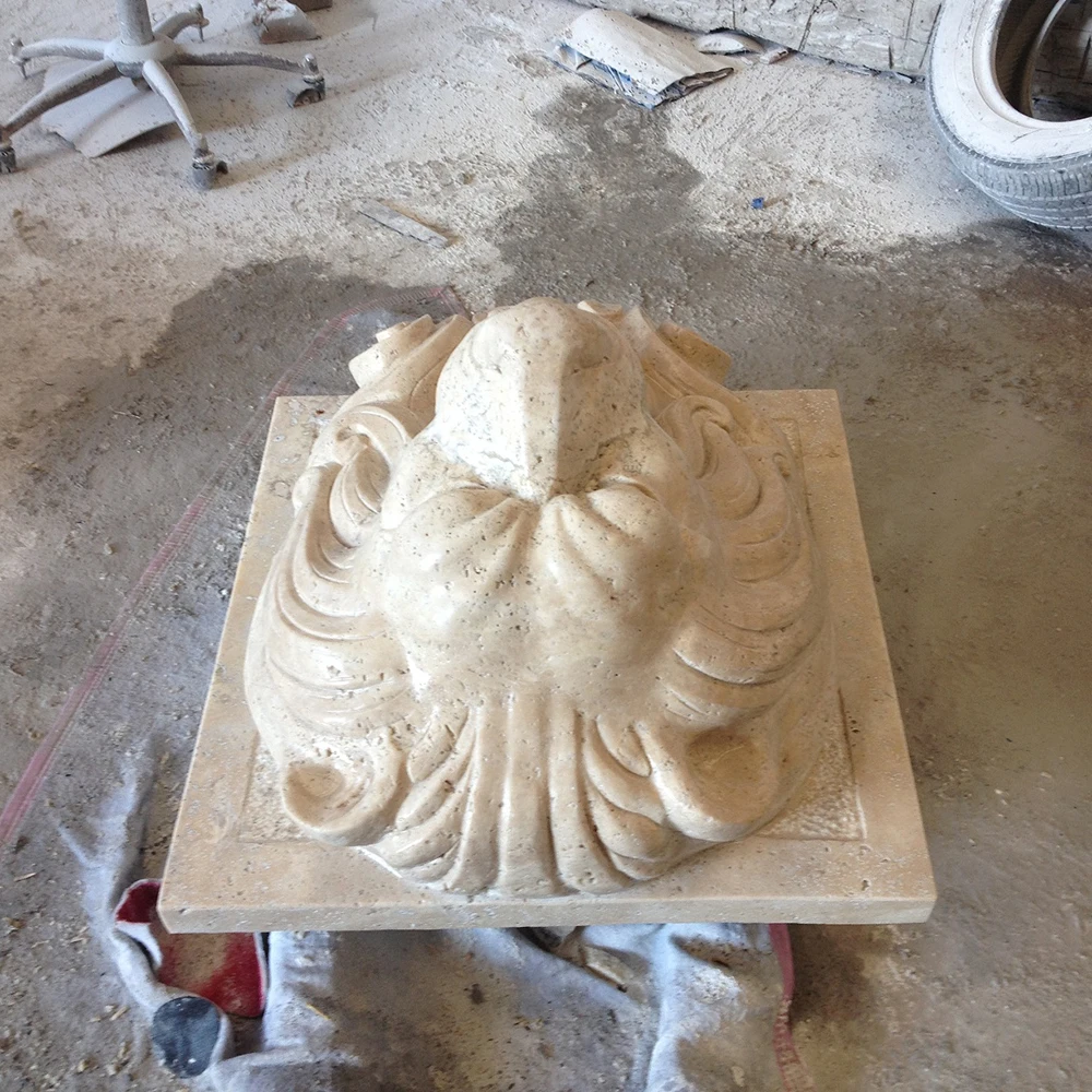 Beige travertine natural stone lion head omitting water wall fountain