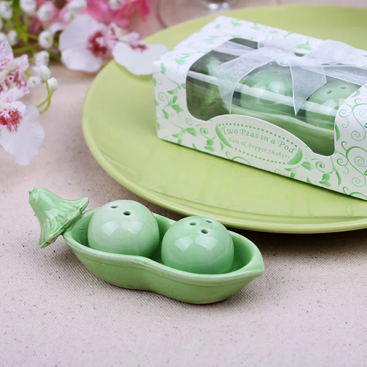 Wedding Gift Two Peas in a Pod Ceramic Salt & Pepper Shakers in Ivy Print Gift Box