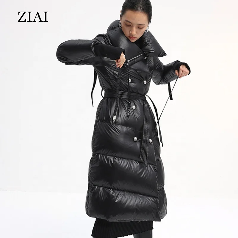 Женский Черный пуховик с перекрестным воротником и пряжкой