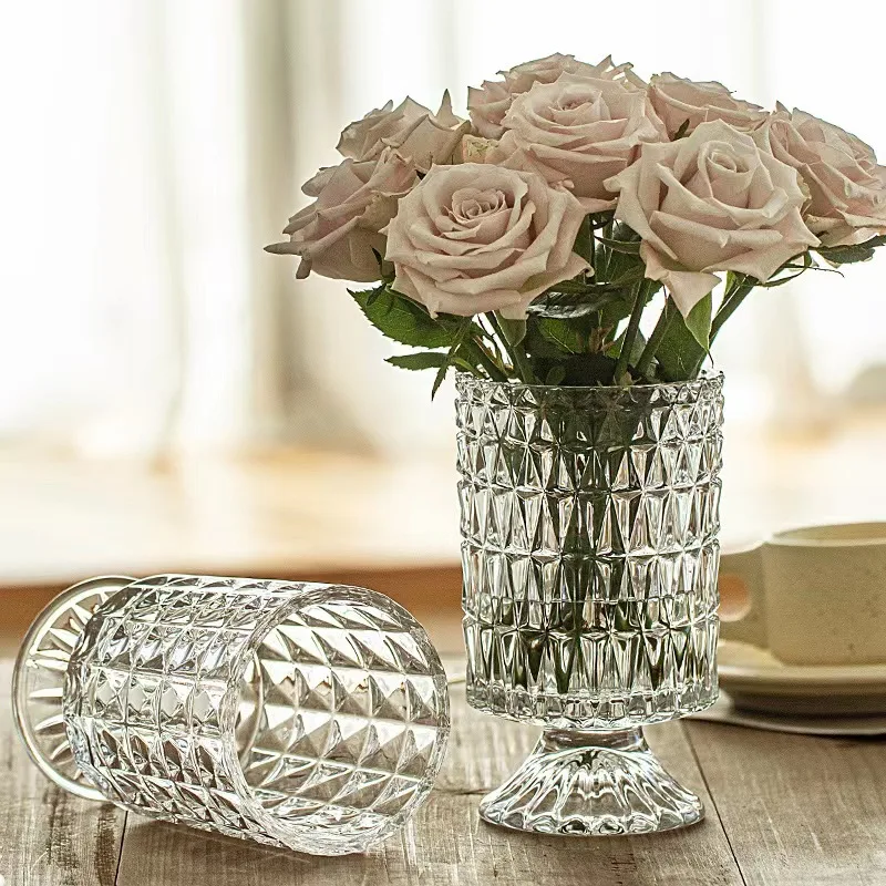 Hot sale Crystal French embossed transparent glass goblet vase bedroom desktop living room dining table flower arrangement decor