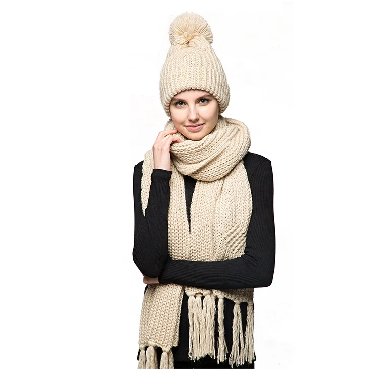 Custom Design Knitted Women Winter Beige Scarf Beanie Hat Set With Pom Pom