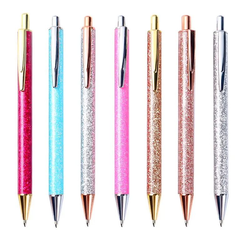 SHULI Dlugopis 1.0MM Promotional Beauty Glitter PU Pen Christmas Gift Custom Logo Click Metal Bling Ball Pen For Women