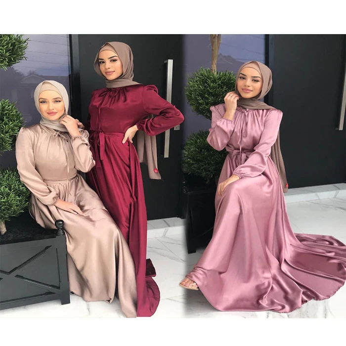 Middle East Clothing Arabic Women Tunic Dress Dubai Elegant Long Sleeves Silk Satin Maxi Dress
