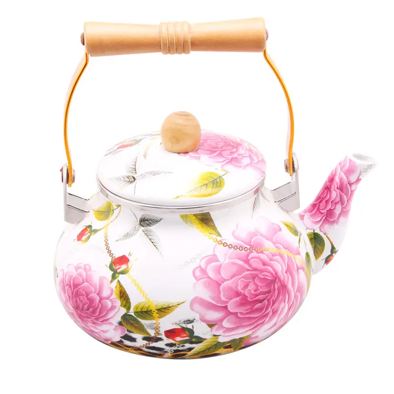 Chinese 1.5L/2L/2.5L Enamel Metal Tea Pot with Luxury Modern Design Wooden Handle Home Camping Use Iron Tea Kettle