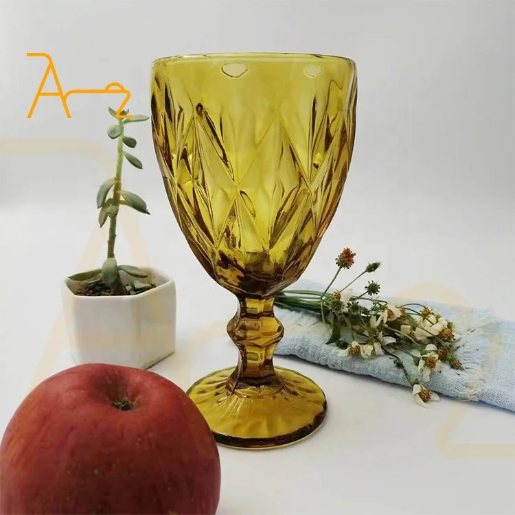 Hot selling wedding use products 2023 new design colored glassware vintage glass goblets unique embossed drinking wine glass