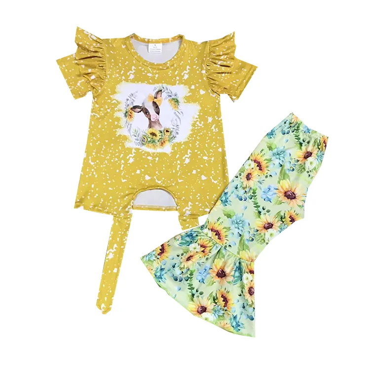 Boutique white spray-ink kids summer outfit deer flower print ruffled design wholesale clothing set