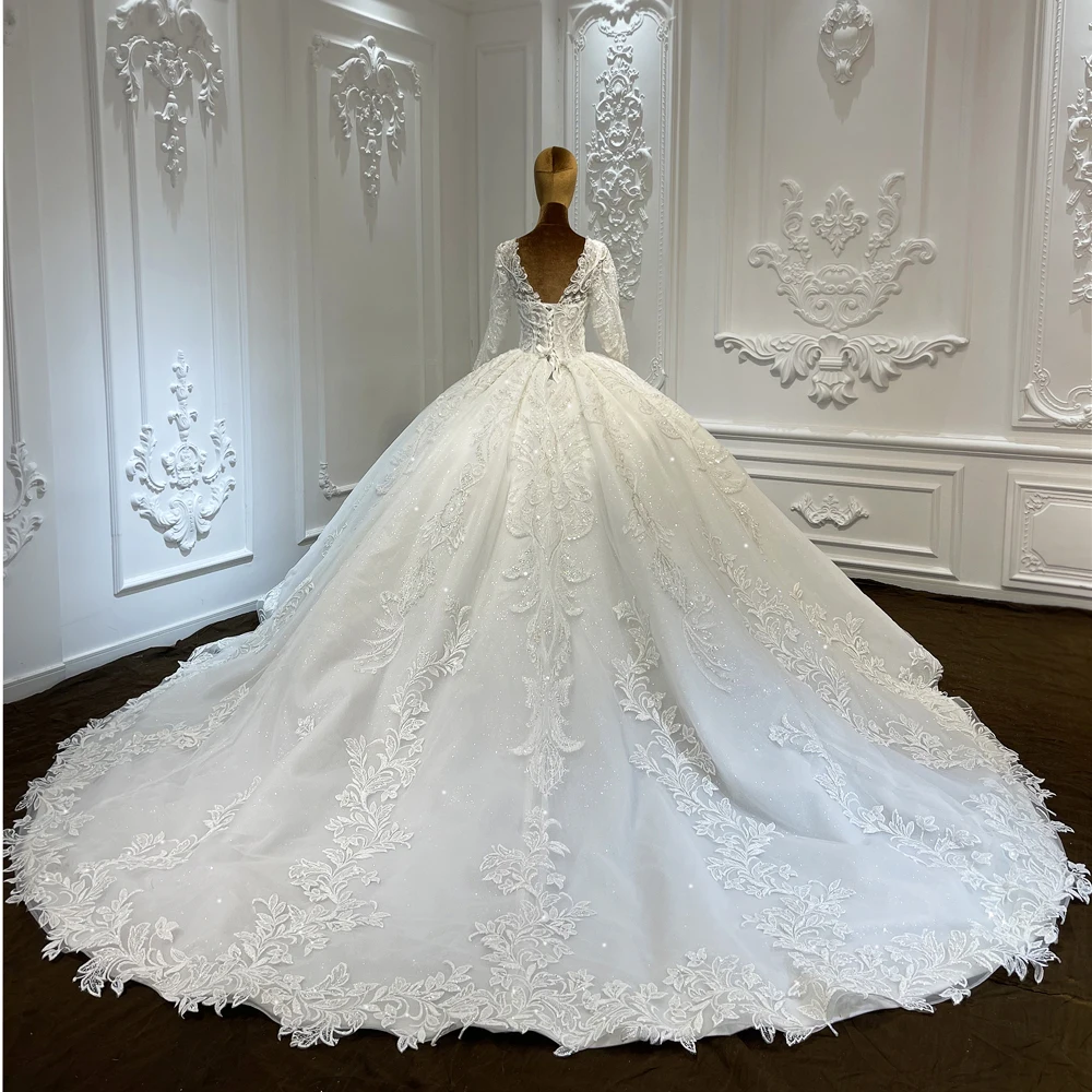 Custom-made 3D floral lace applique embroidered long sleeve princess ball gown fairy wedding dress LSCJ31-2