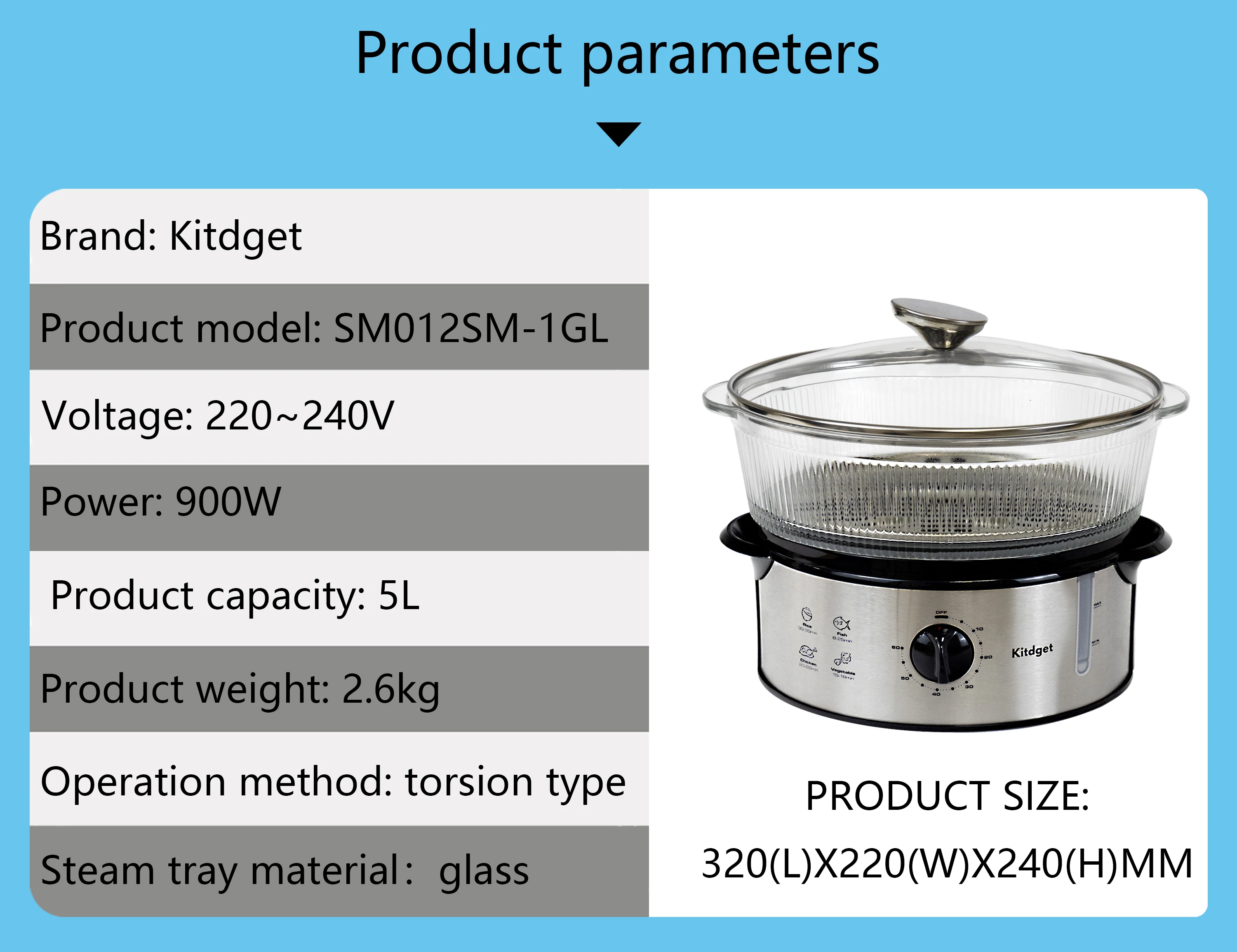 Best Selling OEM ODM Single Layers Cuisseur A La Vapeur Household Cooker Transparent Glass Stainless Steel Electric Food Steamer