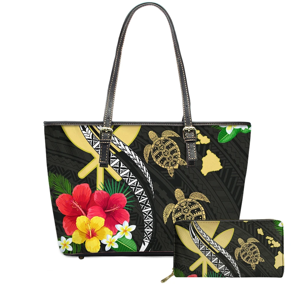 Designer Polynesian Tribal Turtle Purses and Ladies Handbags for Women Big Custom Leather Flower Print Woman Shoulder Bags Set