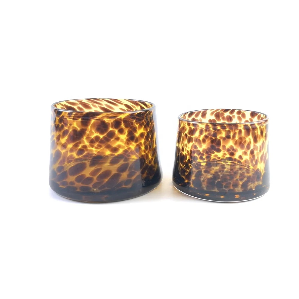 Hand made amber tortoiseshell/white and black dots/white and blue dots print glass candle jar