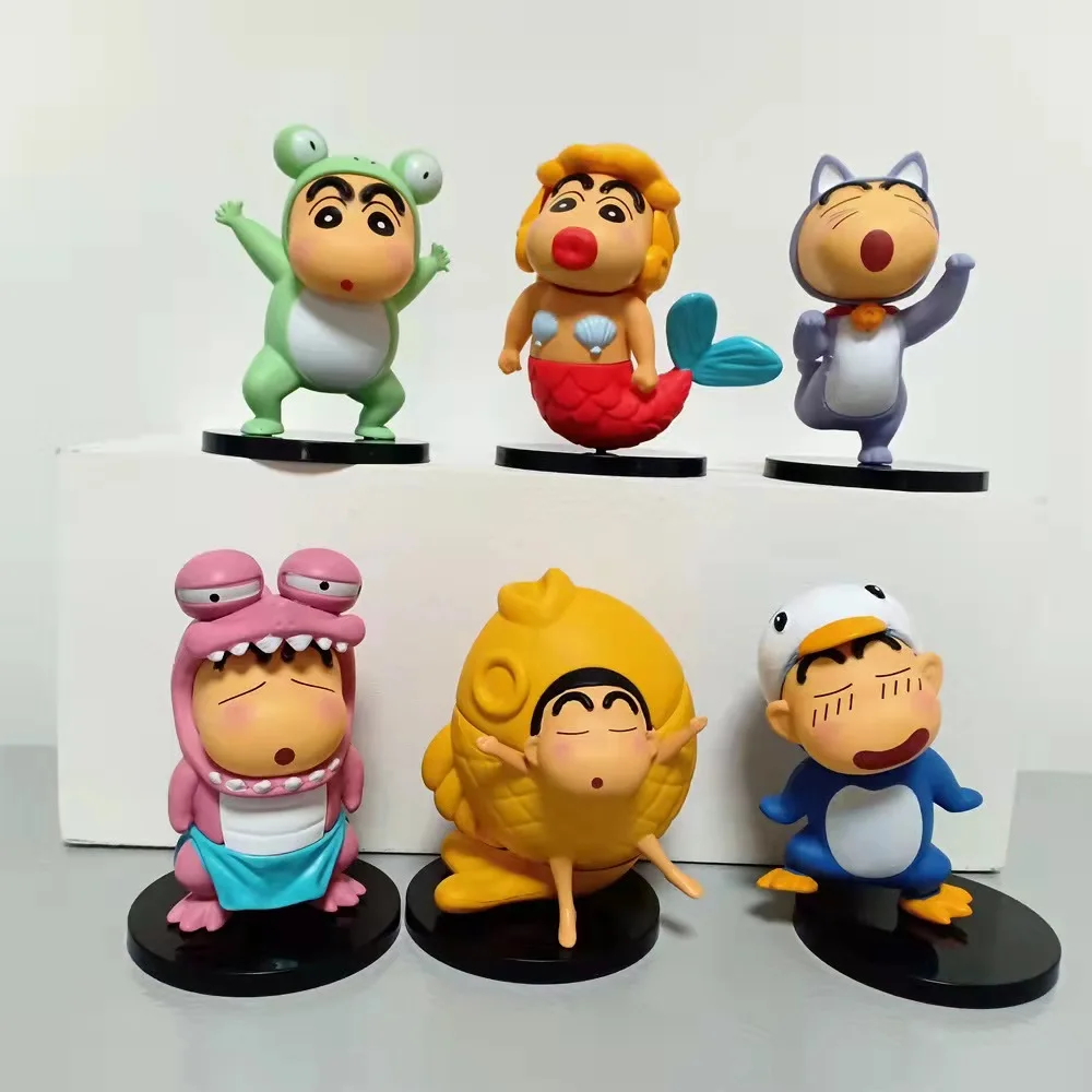 2023 New 6pcs/Set of Crayon Shinchan Anime Figure Frog Penguin Snapper Cat Mermaid Transformation Shinchan