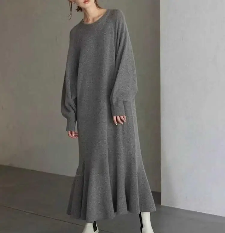 Loose Lantern Sleeves Maxi Long Dress With Ruffled Edges Oversized Large Wool Knit Sweater Pullover Hoodie Dresses