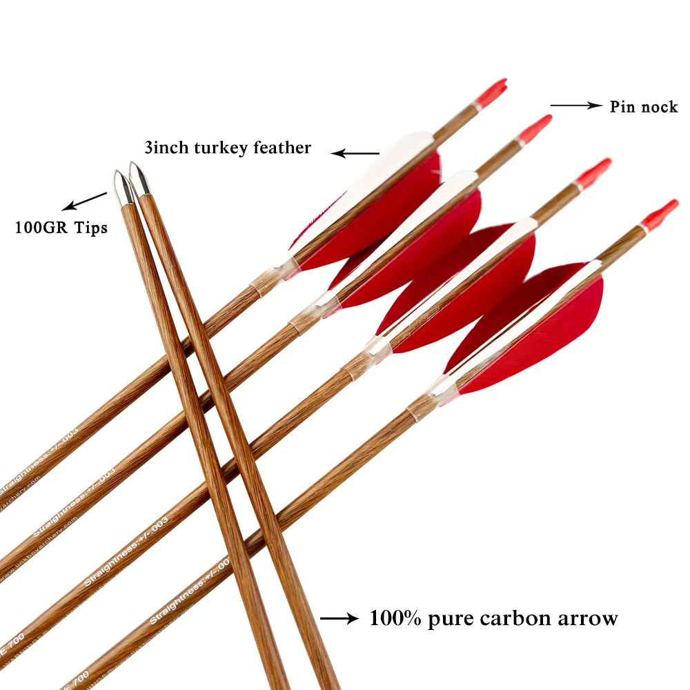 ID4.2mm/.165' Full Carbon Wood Pattern Arrows Shaft Recurve Compound Bow Arrows Hunting Steel Points Pin Nock Arrows