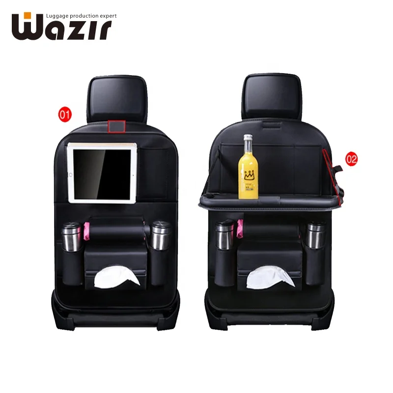 PU Leather car seat organizer with folding foldable table tray Tablet Phone bottle mug holder tissue storage bag