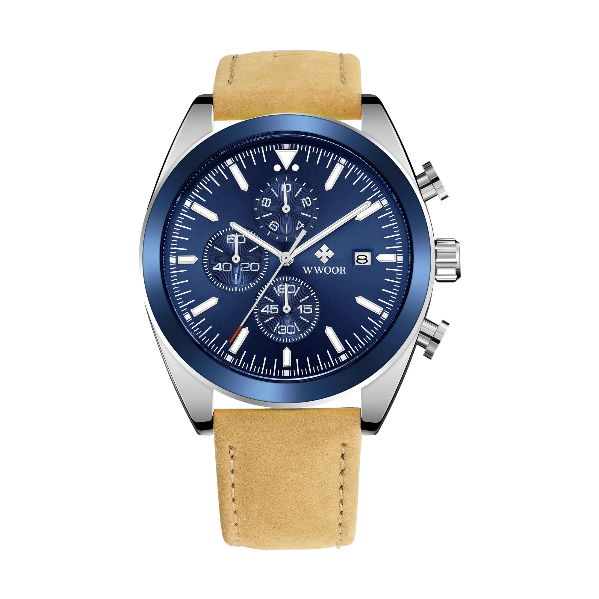 
WWOOR 8838 Chronograph Watch Men Quartz Wristwatch Blue Sports Leather Watches 