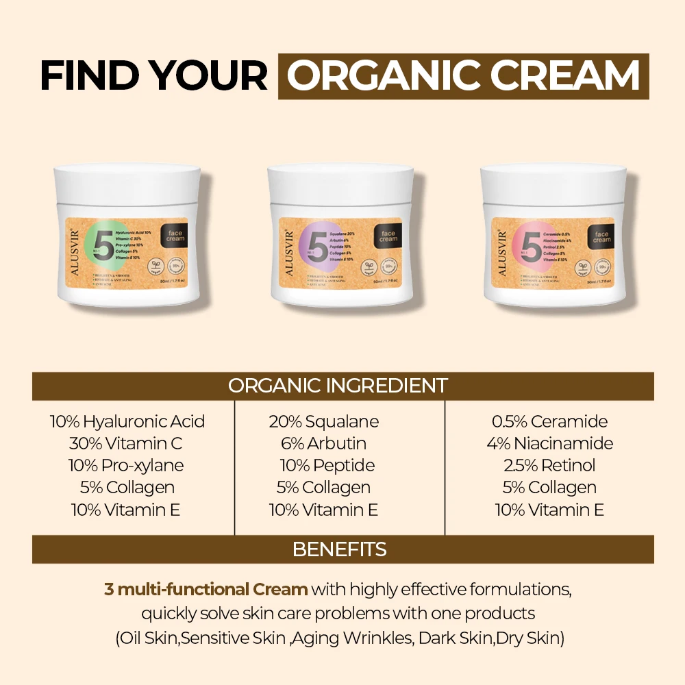 Private Label Organic 5 In 1 Facial Cream Hyaluronic Acid 30% Vitamin C 10% Pro xyline Collagen Anti Aging Whitening Face Cream