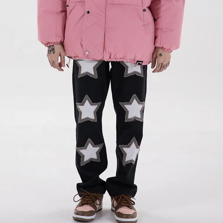 summer Harajuku male High Street new embroidered blue printed jeans popular patched baggy men jeans pants