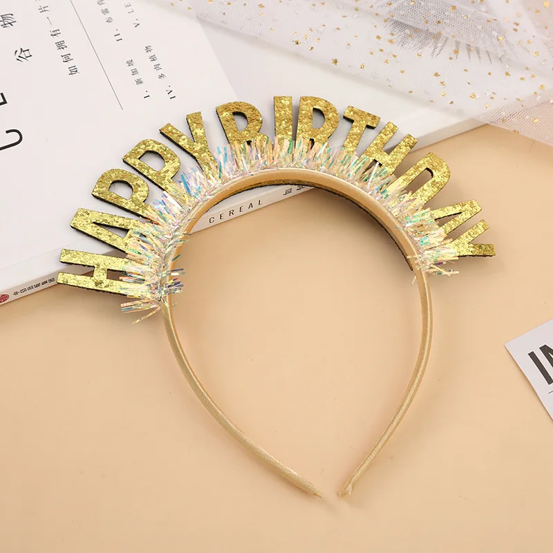 Wholesale gold dust Rain silk birthday headband party decoration bright bead birthday hat English Happy birthday headband