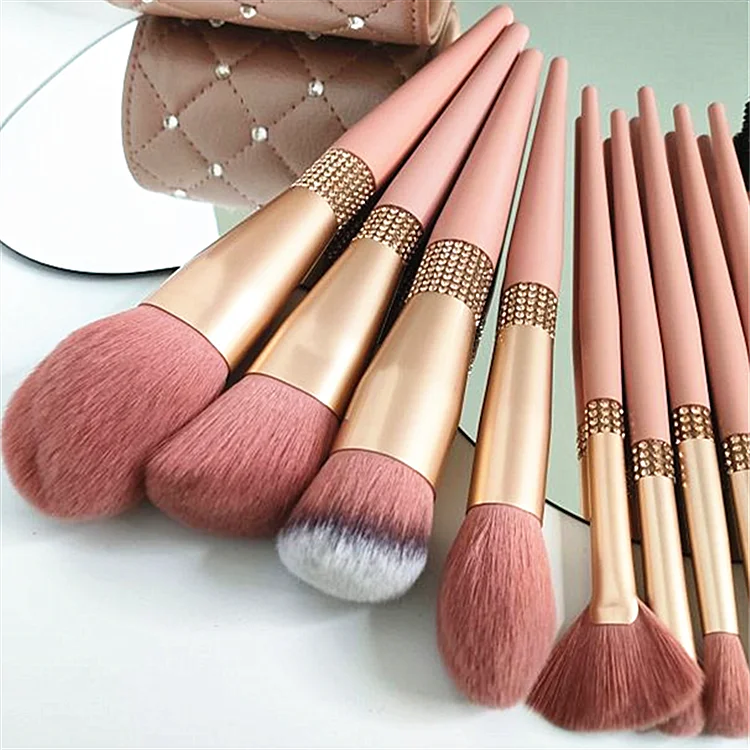 Diamond 10pcs Barrel Human Hair Pink Eco Friendly Natural Crystal Rhinestone Bling Glitter Pink Private Label Makeup Brushes