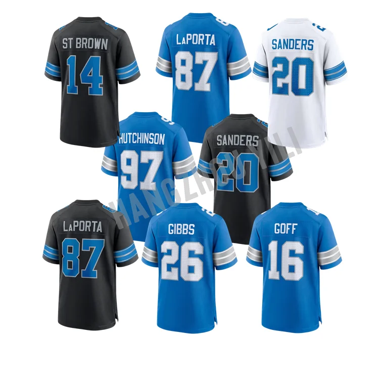 2024-25 лучшего качества #14 Mon-ra St. Brown #97 Aidan Hutchinson #26 Jahmyr Gibbs #16 Jared Goff Американская Футбольная майка