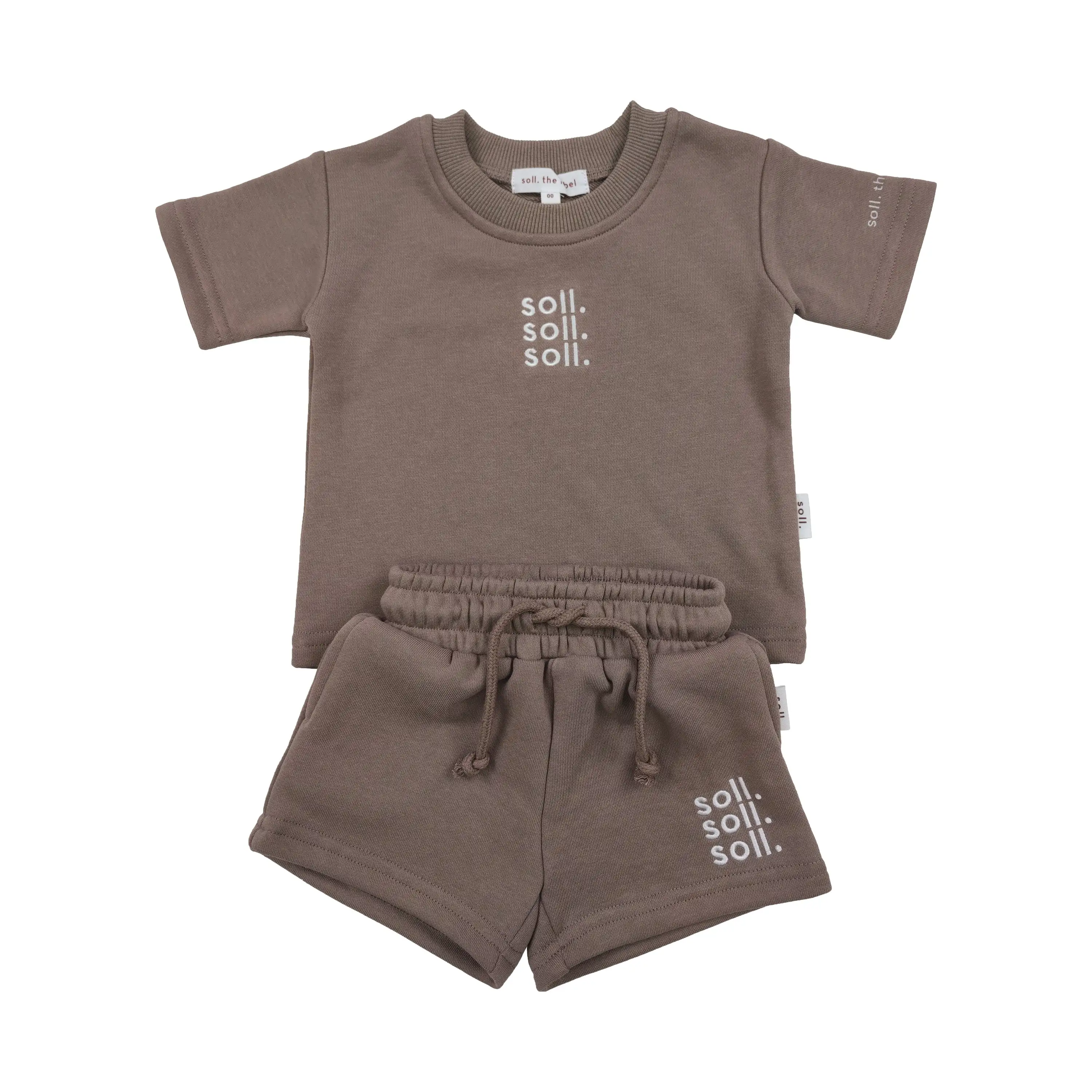 Custom Logo Embroidery Private Casual Summer Crew Neck French Terry Children Boys Two Pieces Set