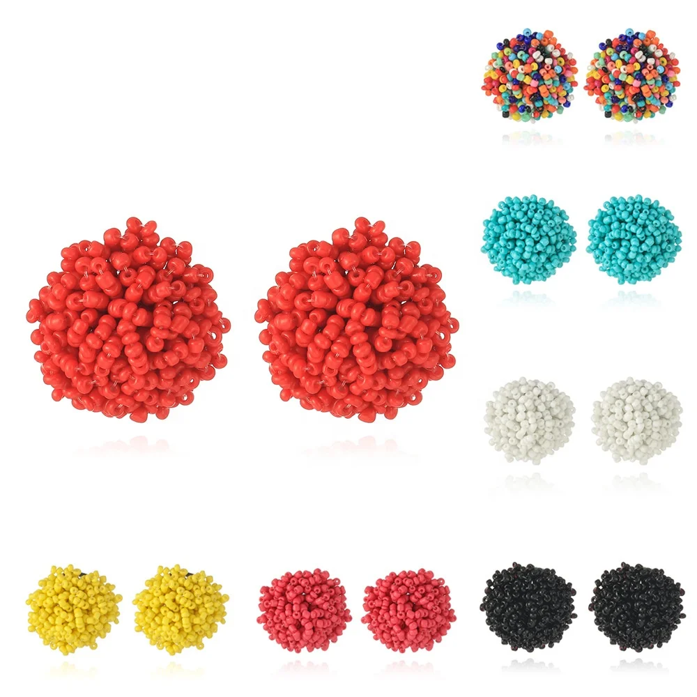 Wowei Bohemian Handmade Solid Color Colorful Seed Bead Ball Earrings Shaped Handmade Beaded Women Fashion Jewelry