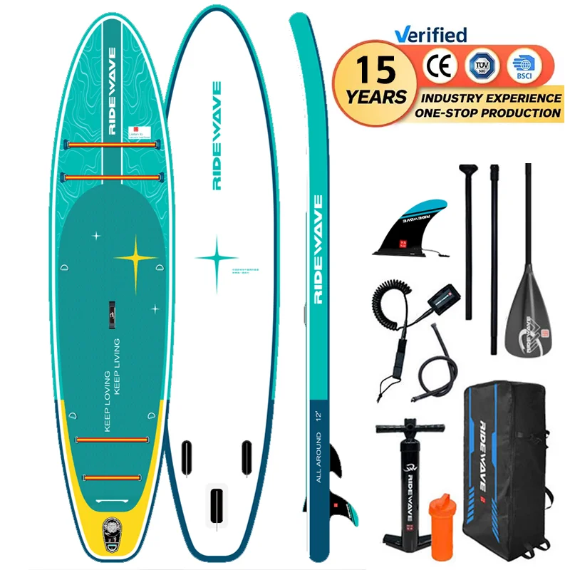 RIDEWAVE BSCI/EN/CE 2 person Sup wholesale OEM quality 12 ft soft surfboard surfing fishing inflatable stand up paddle board