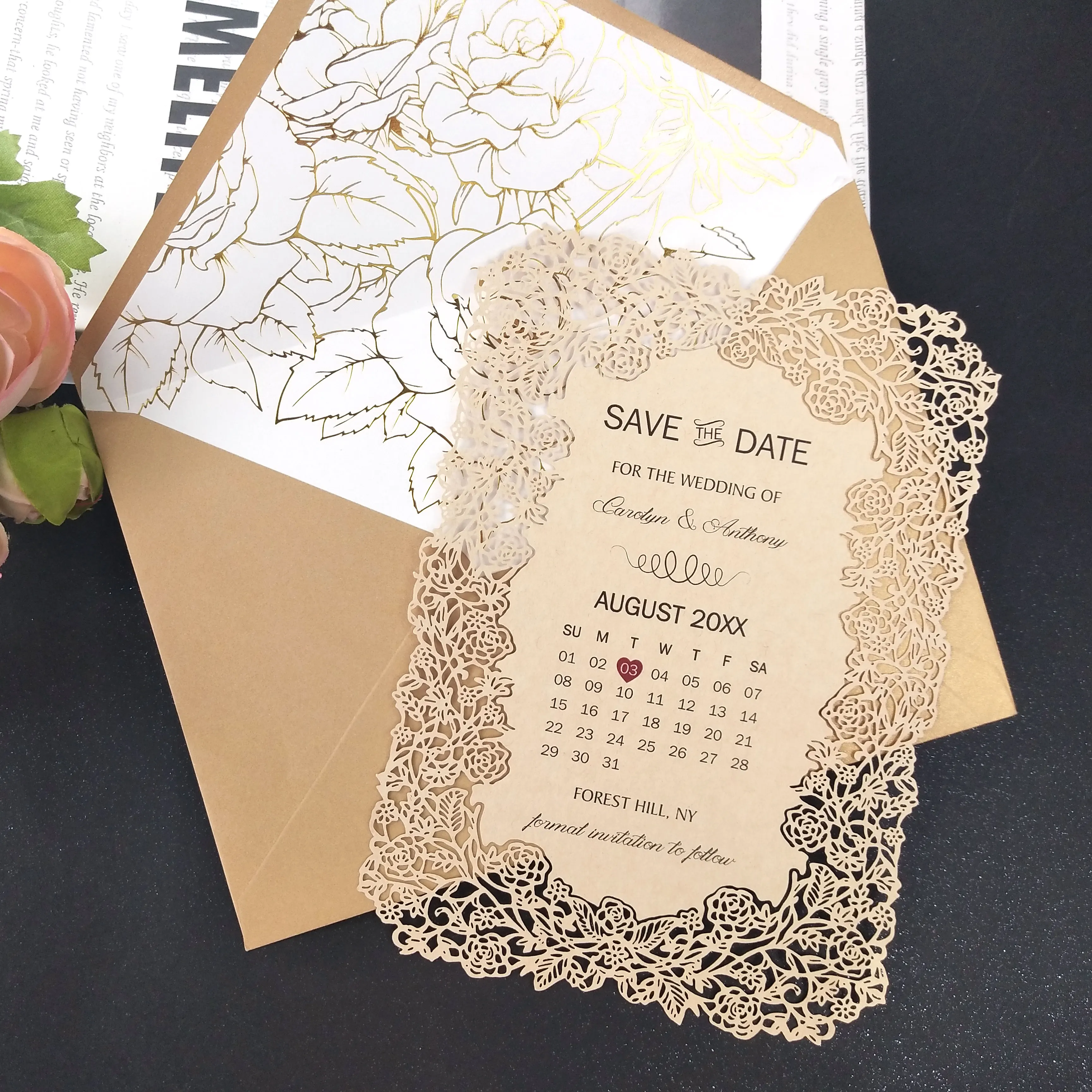 China good quality laser cut paper invitation envelope set wedding invitation cards