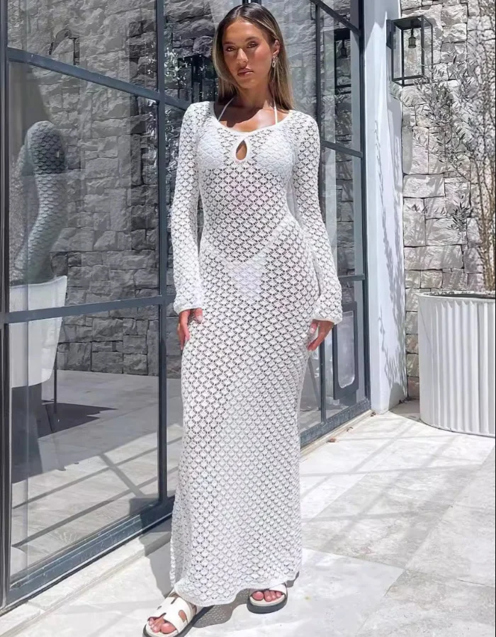 STOCK Two Colors Long Sleeve Maxi Dress Knit Summer Dress Swimwear Beach Cover Ups Crochet Hollow Out Dress